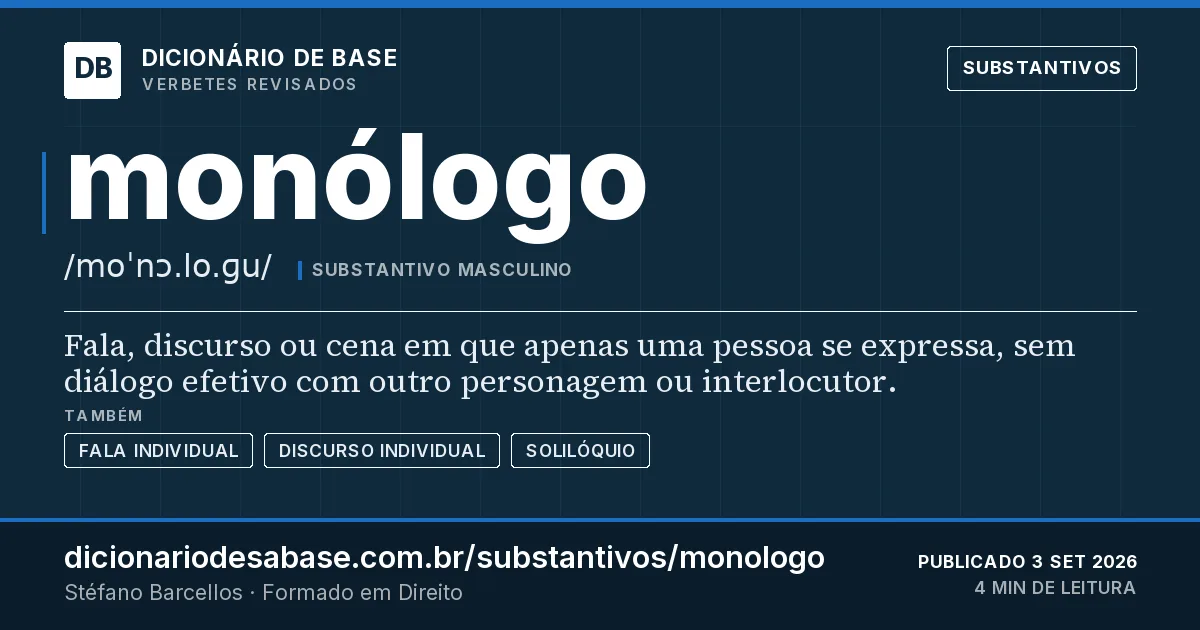 Cartão do verbete monólogo: Fala, discurso ou cena em que apenas uma pessoa se expressa, sem diálogo efetivo com outro personagem ou interlocutor.