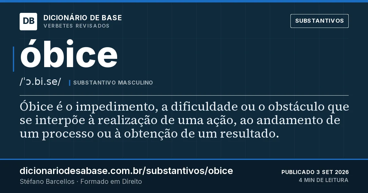 Cartão do verbete óbice: Óbice é o impedimento, a dificuldade ou o obstáculo que se interpõe à realização de uma ação, ao andamento de um…