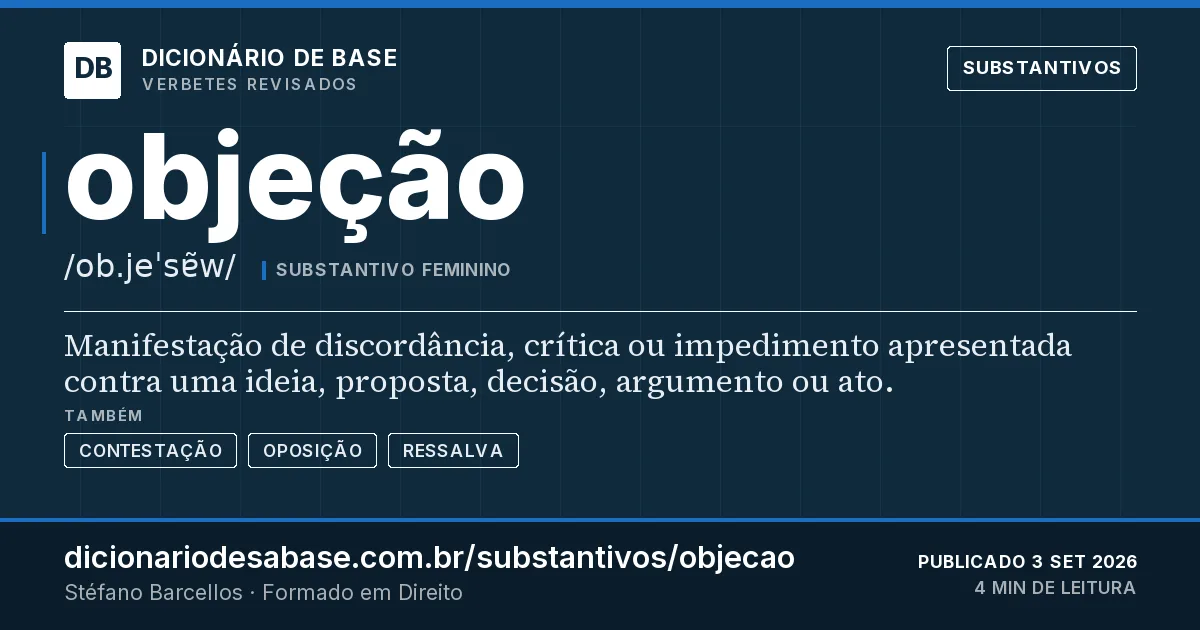 Cartão do verbete objeção: Manifestação de discordância, crítica ou impedimento apresentada contra uma ideia, proposta, decisão, argumento ou ato.