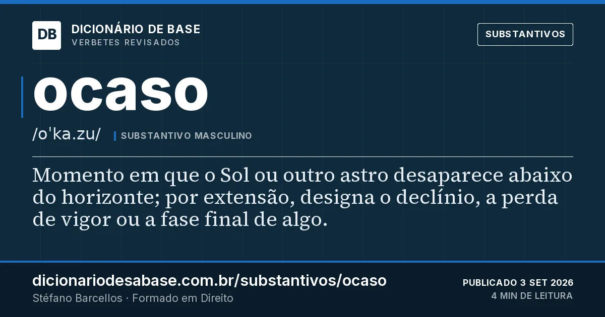 Cartão do verbete ocaso: Momento em que o Sol ou outro astro desaparece abaixo do horizonte; por extensão, designa o declínio, a perda de vigor…