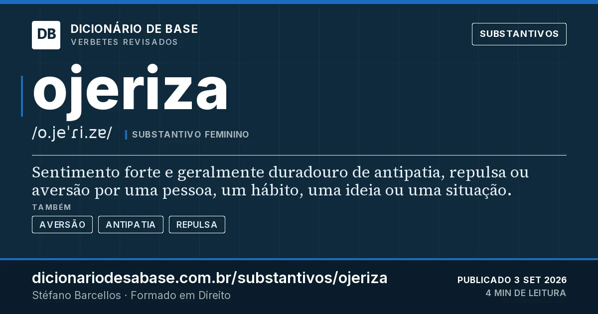 Cartão do verbete ojeriza: Sentimento forte e geralmente duradouro de antipatia, repulsa ou aversão por uma pessoa, um hábito, uma ideia ou uma…