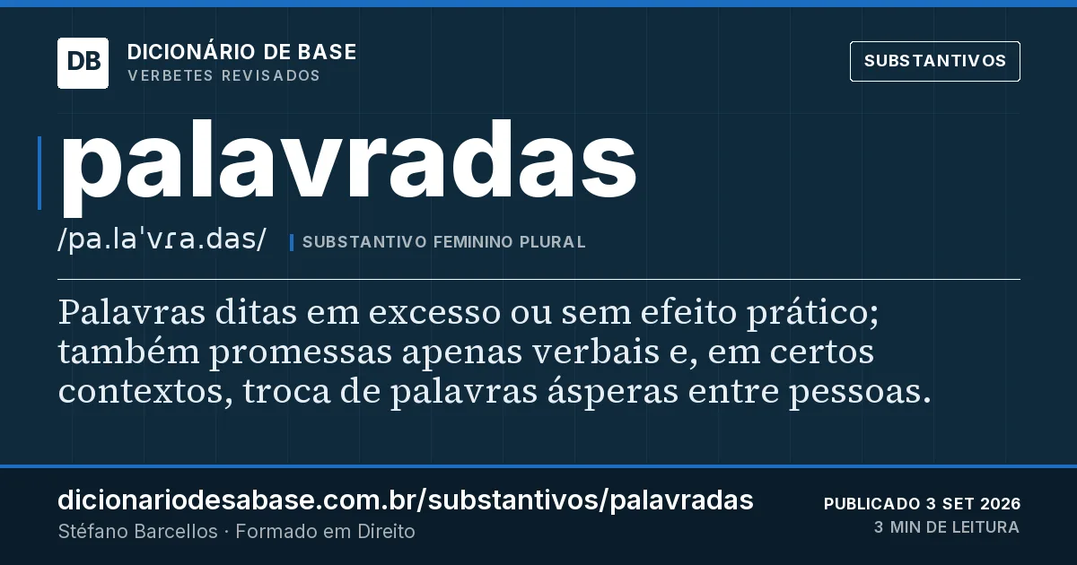 Cartão do verbete palavradas: Palavras ditas em excesso ou sem efeito prático; também promessas apenas verbais e, em certos contextos, troca de…
