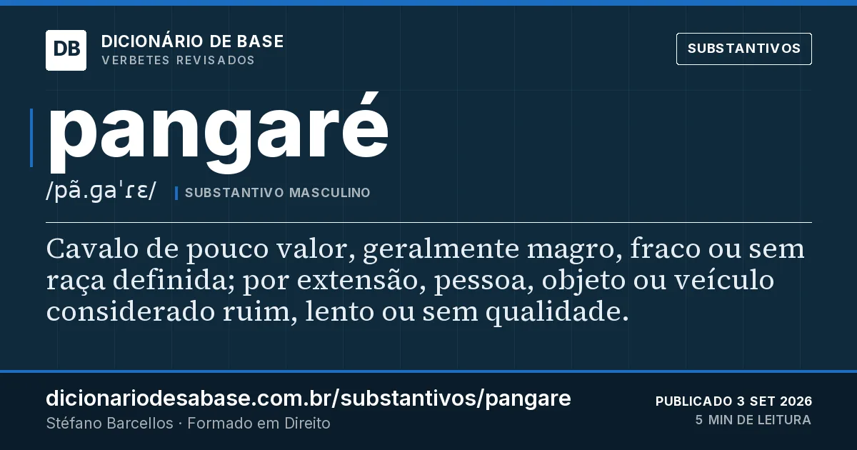 Cartão do verbete pangaré: Cavalo de pouco valor, geralmente magro, fraco ou sem raça definida; por extensão, pessoa, objeto ou veículo…