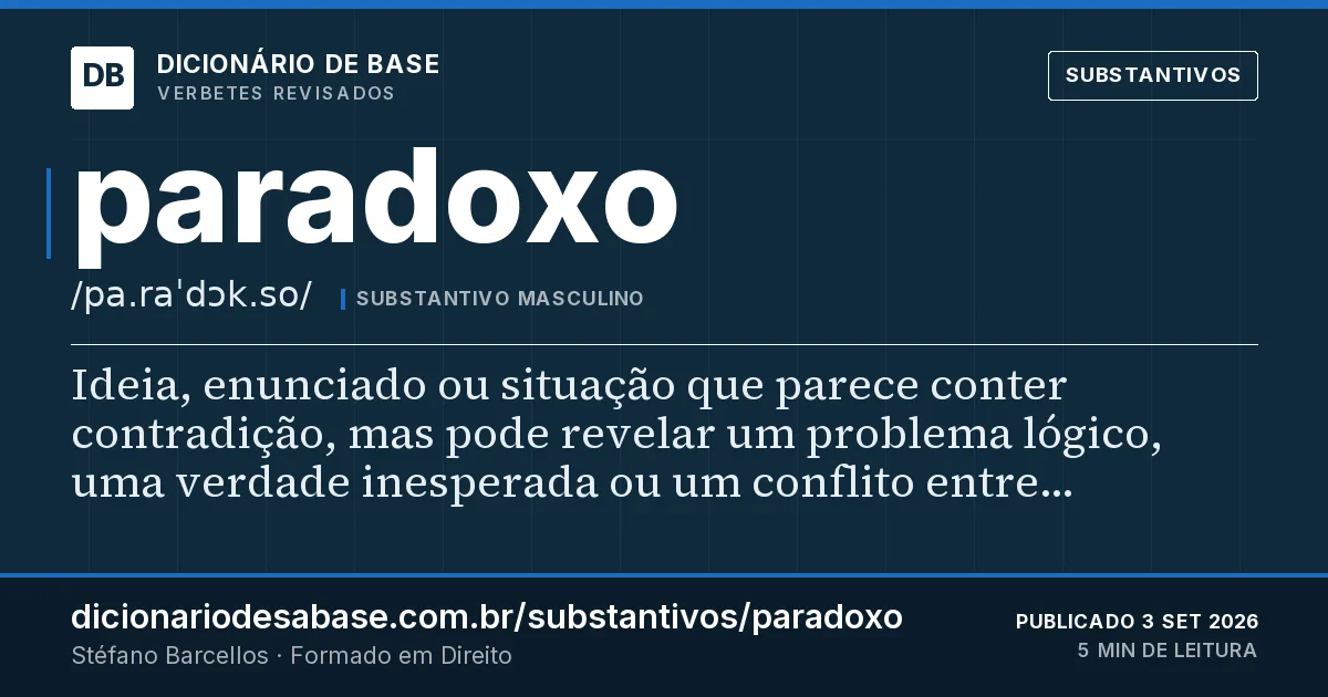 Cartão do verbete paradoxo: Ideia, enunciado ou situação que parece conter contradição, mas pode revelar um problema lógico, uma verdade inesperada…