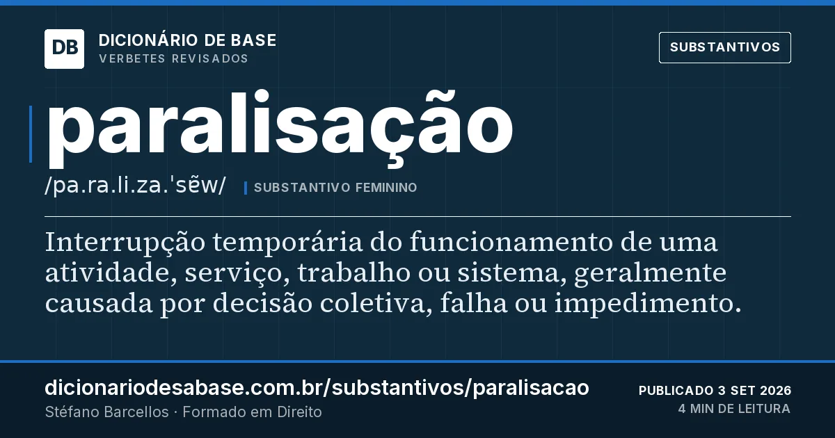 Cartão do verbete paralisação: Interrupção temporária do funcionamento de uma atividade, serviço, trabalho ou sistema, geralmente causada por decisão…