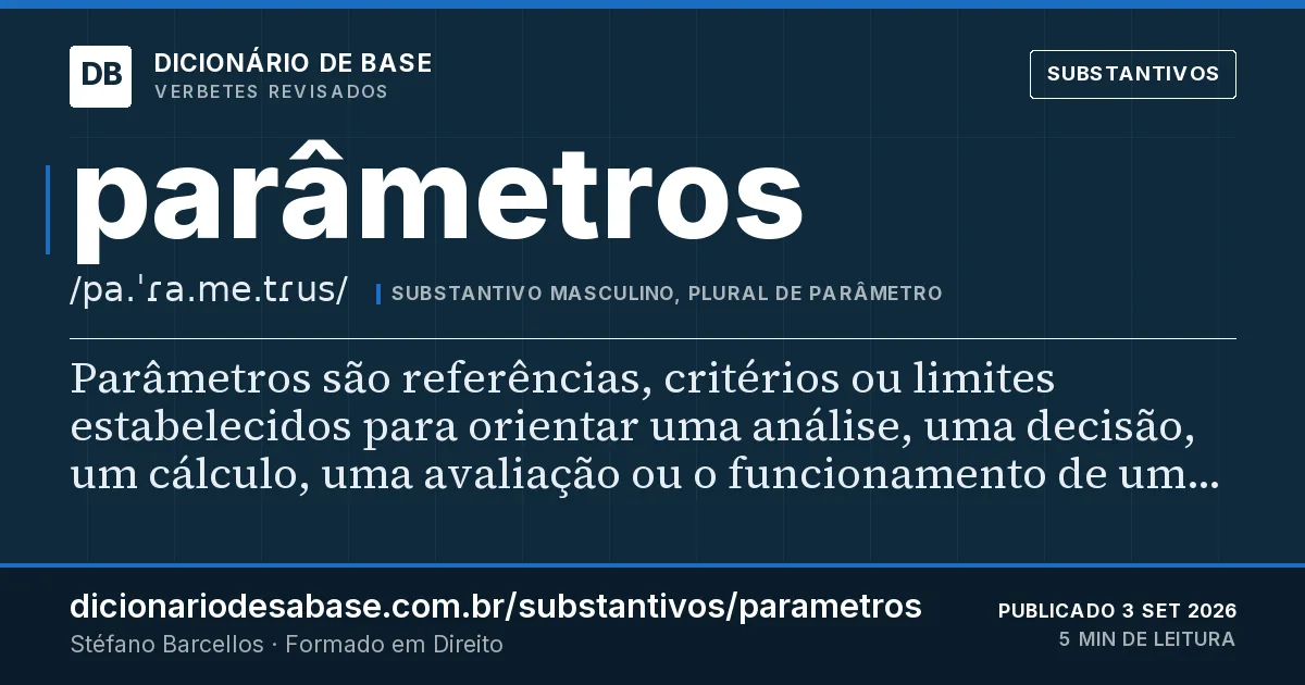 Cartão do verbete parâmetros: Parâmetros são referências, critérios ou limites estabelecidos para orientar uma análise, uma decisão, um cálculo, uma…
