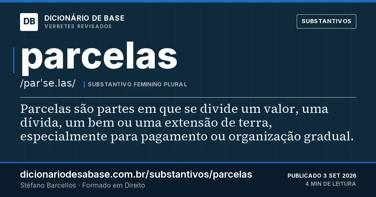 Cartão do verbete parcelas: Parcelas são partes em que se divide um valor, uma dívida, um bem ou uma extensão de terra, especialmente para…