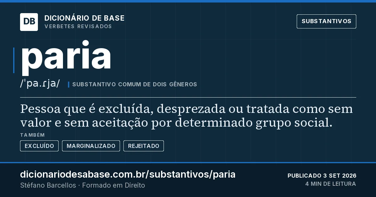 Cartão do verbete paria: Pessoa que é excluída, desprezada ou tratada como sem valor e sem aceitação por determinado grupo social.
