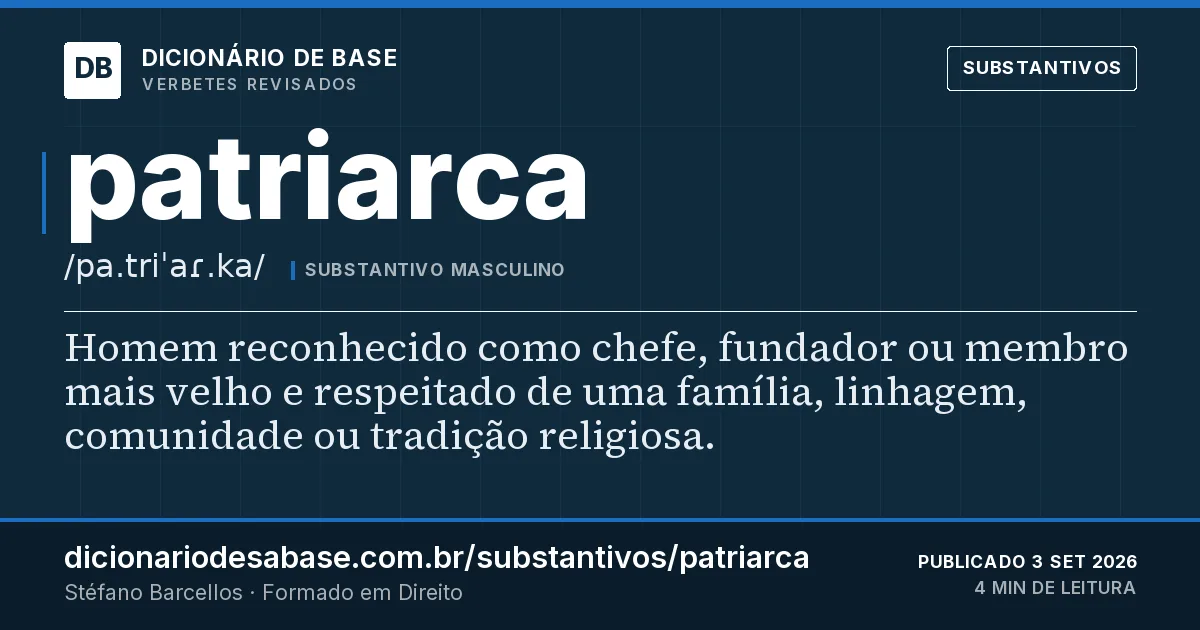 Cartão do verbete patriarca: Homem reconhecido como chefe, fundador ou membro mais velho e respeitado de uma família, linhagem, comunidade ou…