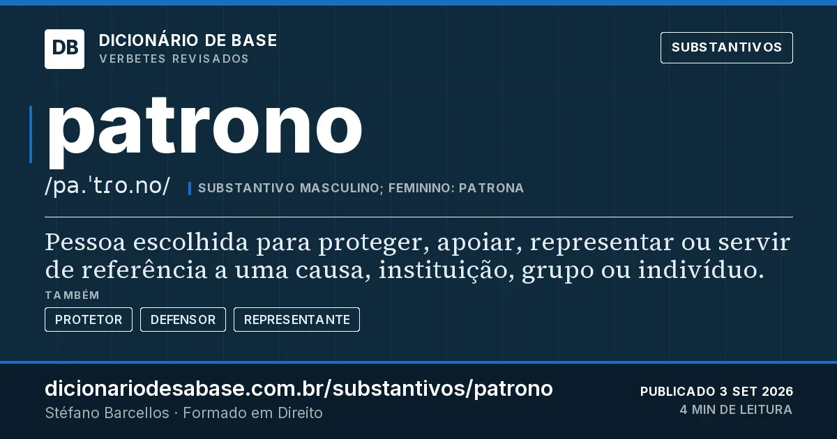 Cartão do verbete patrono: Pessoa escolhida para proteger, apoiar, representar ou servir de referência a uma causa, instituição, grupo ou…