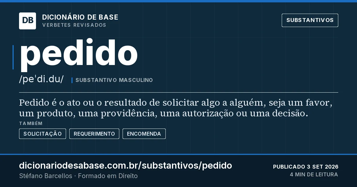 Cartão do verbete pedido: Pedido é o ato ou o resultado de solicitar algo a alguém, seja um favor, um produto, uma providência, uma autorização…