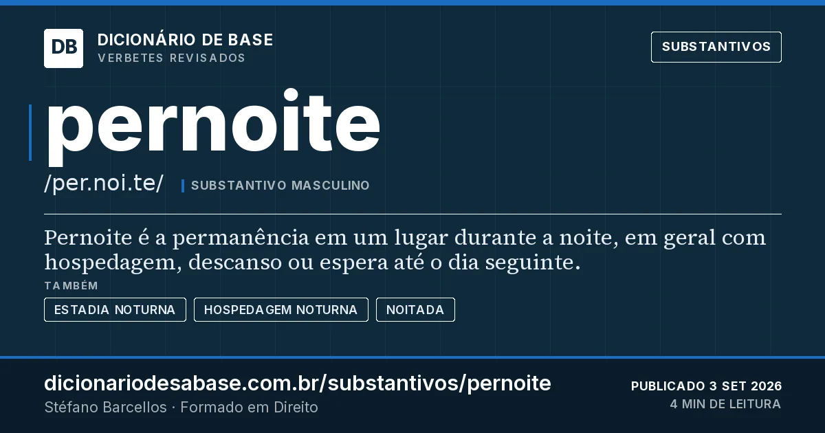 Cartão do verbete pernoite: Pernoite é a permanência em um lugar durante a noite, em geral com hospedagem, descanso ou espera até o dia seguinte.