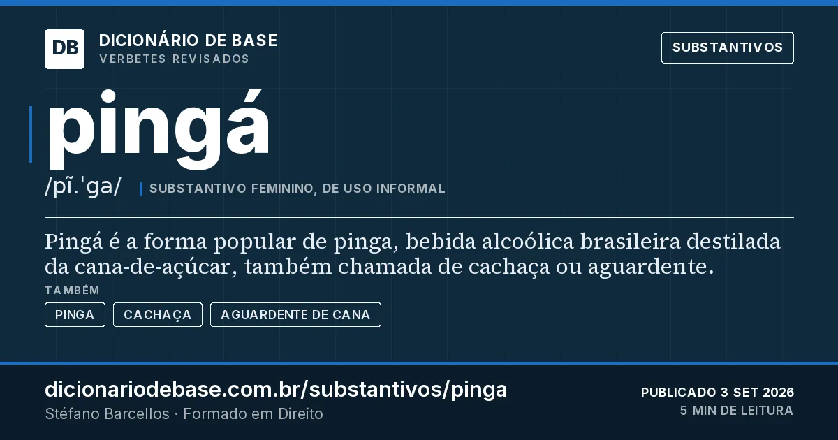 Cartão do verbete pingá: Pingá é a forma popular de pinga, bebida alcoólica brasileira destilada da cana-de-açúcar, também chamada de cachaça ou…