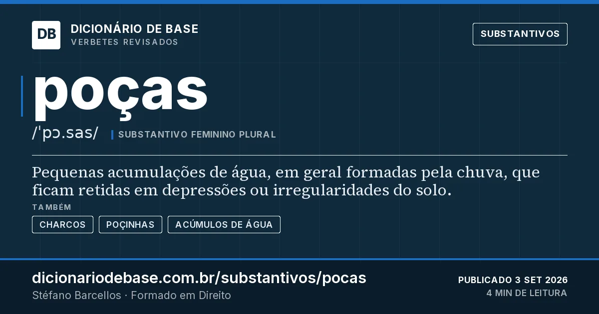 Cartão do verbete poças: Pequenas acumulações de água, em geral formadas pela chuva, que ficam retidas em depressões ou irregularidades do solo.