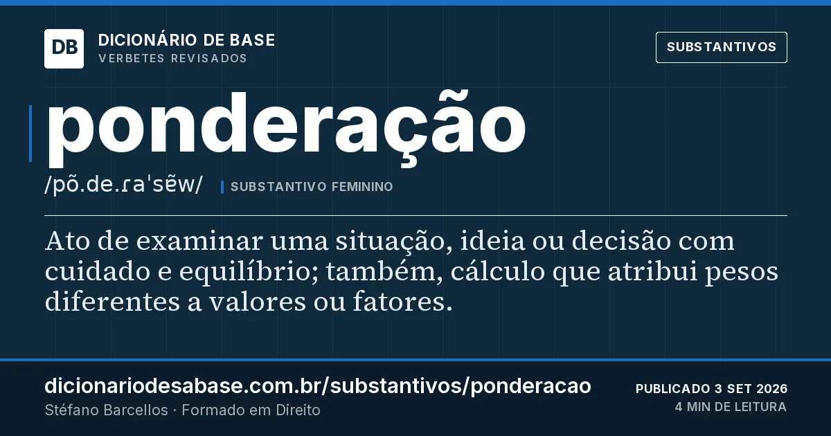 Cartão do verbete ponderação: Ato de examinar uma situação, ideia ou decisão com cuidado e equilíbrio; também, cálculo que atribui pesos diferentes a…