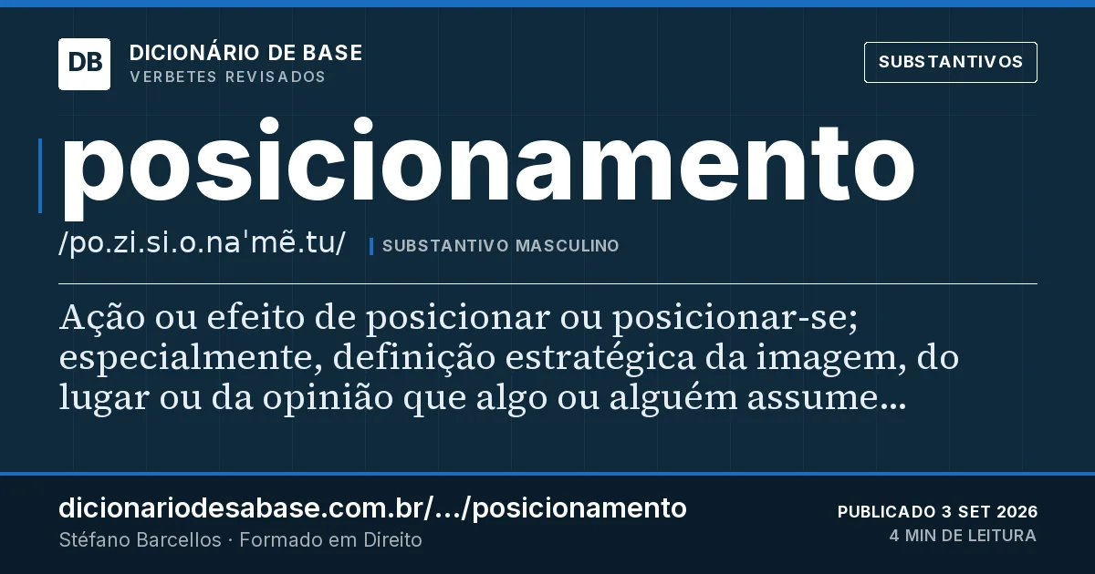 Cartão do verbete posicionamento: Ação ou efeito de posicionar ou posicionar-se; especialmente, definição estratégica da imagem, do lugar ou da opinião…