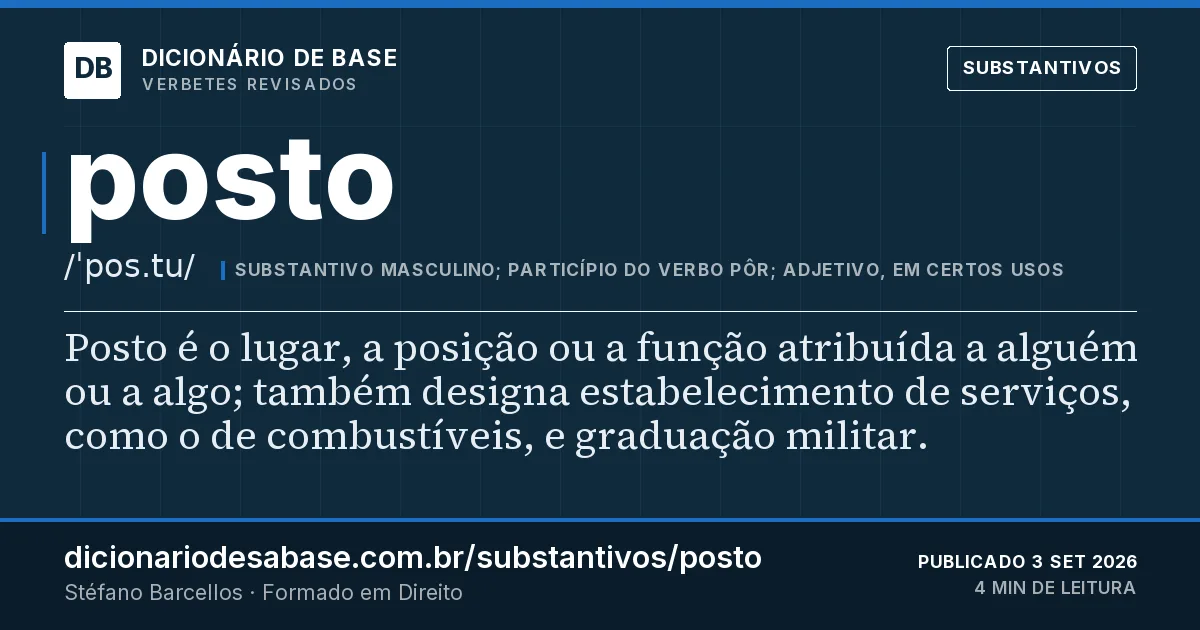 Cartão do verbete posto: Posto é o lugar, a posição ou a função atribuída a alguém ou a algo; também designa estabelecimento de serviços, como o…
