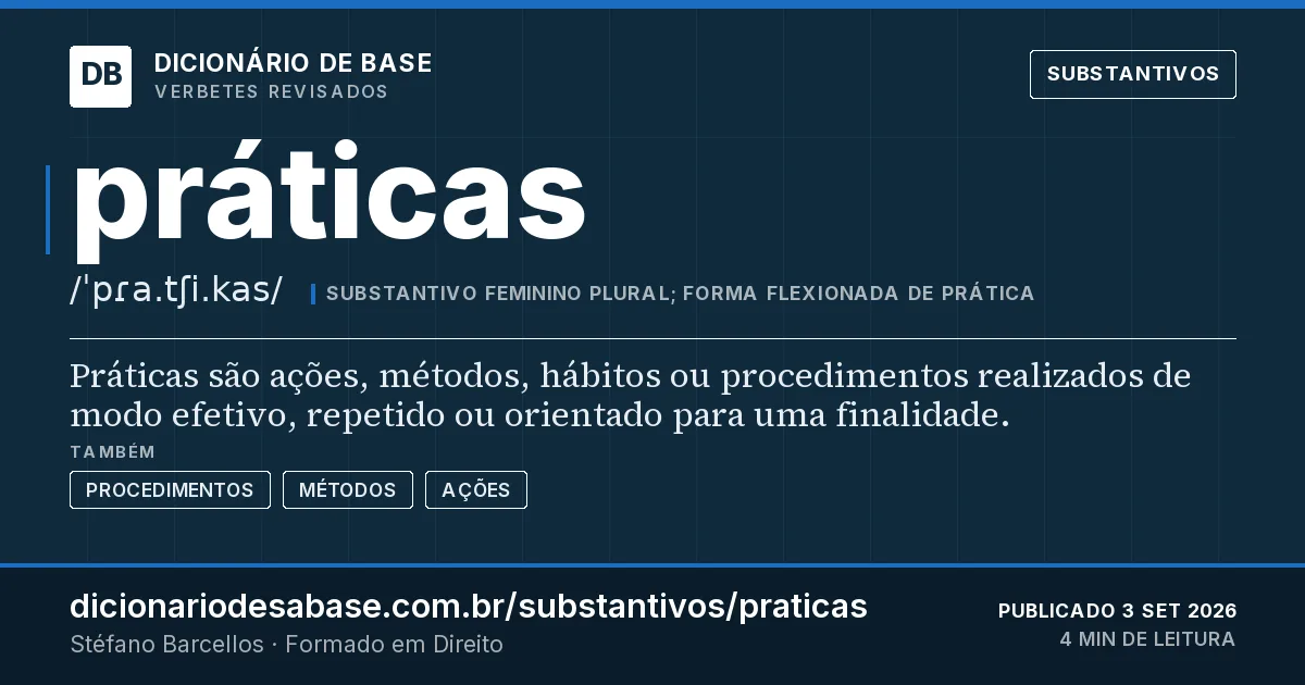 Cartão do verbete práticas: Práticas são ações, métodos, hábitos ou procedimentos realizados de modo efetivo, repetido ou orientado para uma…