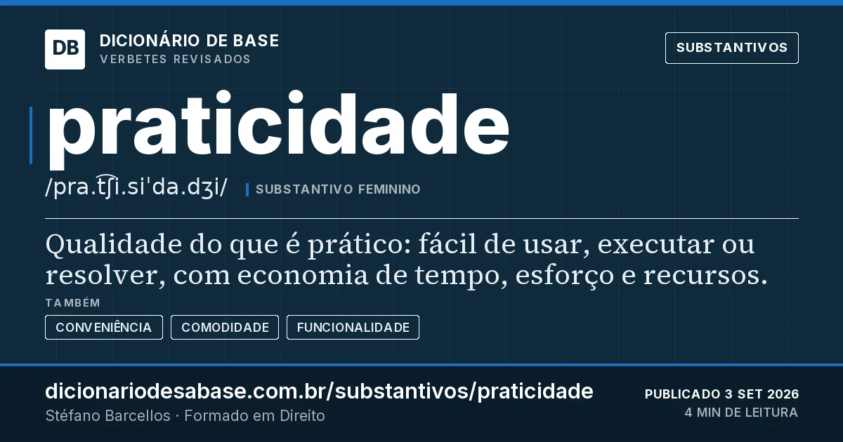 Cartão do verbete praticidade: Qualidade do que é prático: fácil de usar, executar ou resolver, com economia de tempo, esforço e recursos.