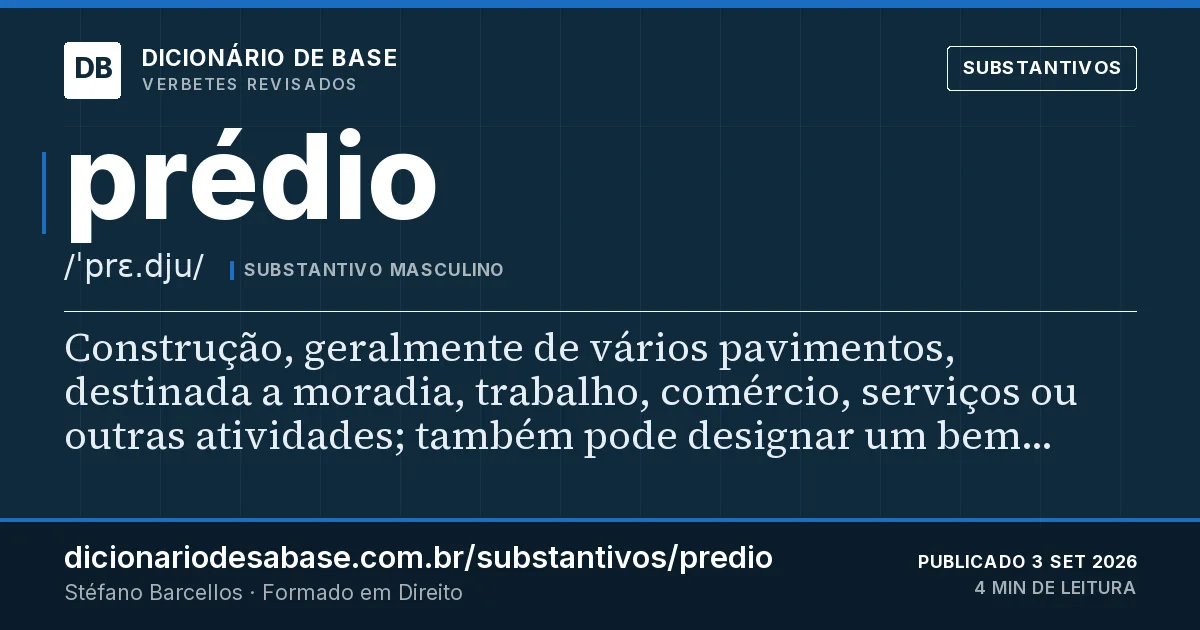 Cartão do verbete prédio: Construção, geralmente de vários pavimentos, destinada a moradia, trabalho, comércio, serviços ou outras atividades…