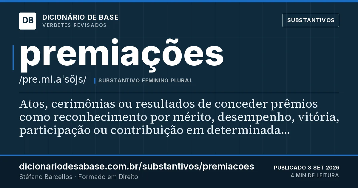 Cartão do verbete premiações: Atos, cerimônias ou resultados de conceder prêmios como reconhecimento por mérito, desempenho, vitória, participação ou…