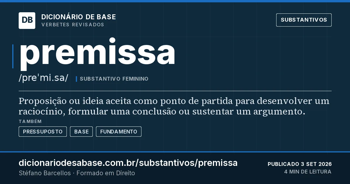 Cartão do verbete premissa: Proposição ou ideia aceita como ponto de partida para desenvolver um raciocínio, formular uma conclusão ou sustentar um…