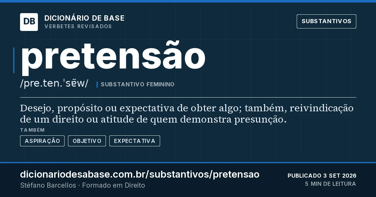 Cartão do verbete pretensão: Desejo, propósito ou expectativa de obter algo; também, reivindicação de um direito ou atitude de quem demonstra…