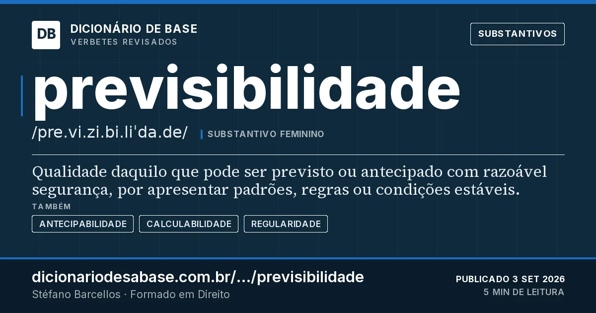 Cartão do verbete previsibilidade: Qualidade daquilo que pode ser previsto ou antecipado com razoável segurança, por apresentar padrões, regras ou…