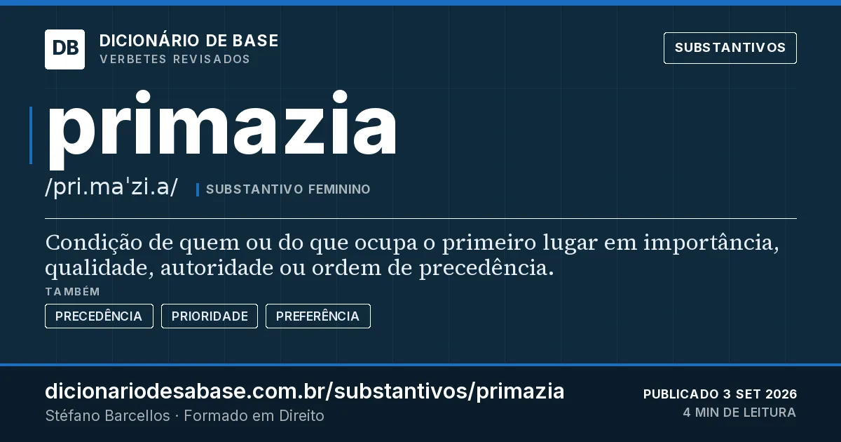 Cartão do verbete primazia: Condição de quem ou do que ocupa o primeiro lugar em importância, qualidade, autoridade ou ordem de precedência.