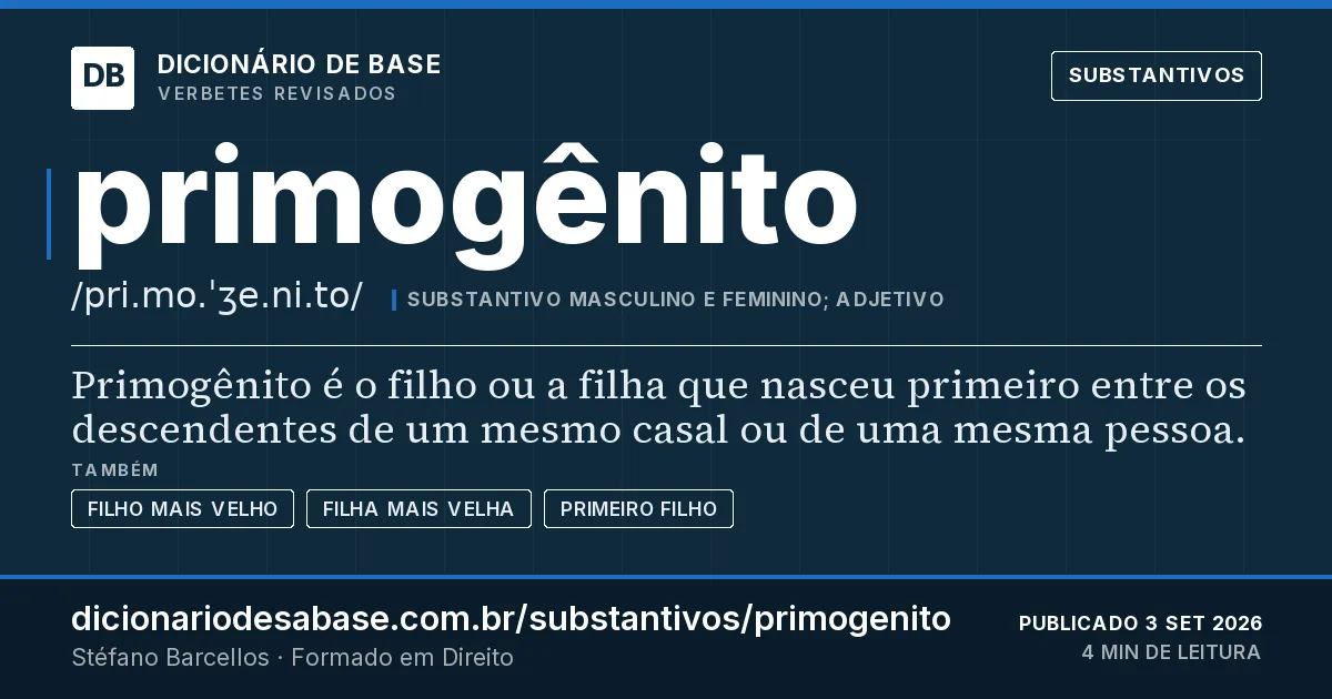 Cartão do verbete primogênito: Primogênito é o filho ou a filha que nasceu primeiro entre os descendentes de um mesmo casal ou de uma mesma pessoa.