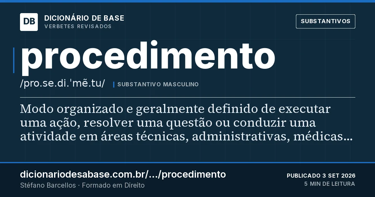 Cartão do verbete procedimento: Modo organizado e geralmente definido de executar uma ação, resolver uma questão ou conduzir uma atividade em áreas…