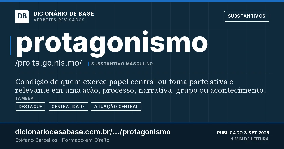 Cartão do verbete protagonismo: Condição de quem exerce papel central ou toma parte ativa e relevante em uma ação, processo, narrativa, grupo ou…