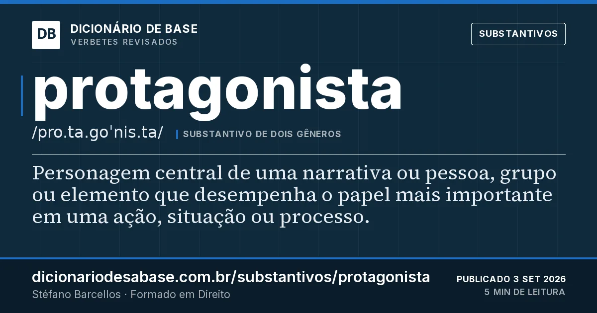 Cartão do verbete protagonista: Personagem central de uma narrativa ou pessoa, grupo ou elemento que desempenha o papel mais importante em uma ação…