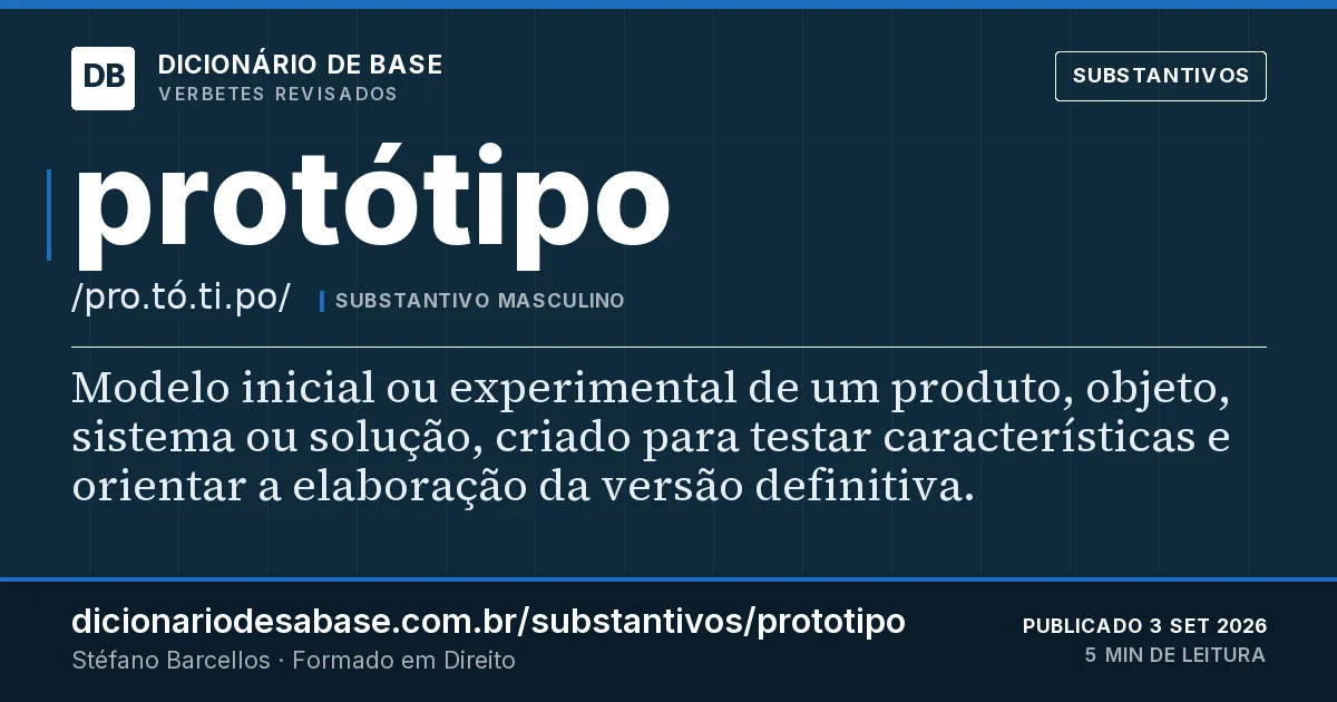 Cartão do verbete protótipo: Modelo inicial ou experimental de um produto, objeto, sistema ou solução, criado para testar características e orientar…