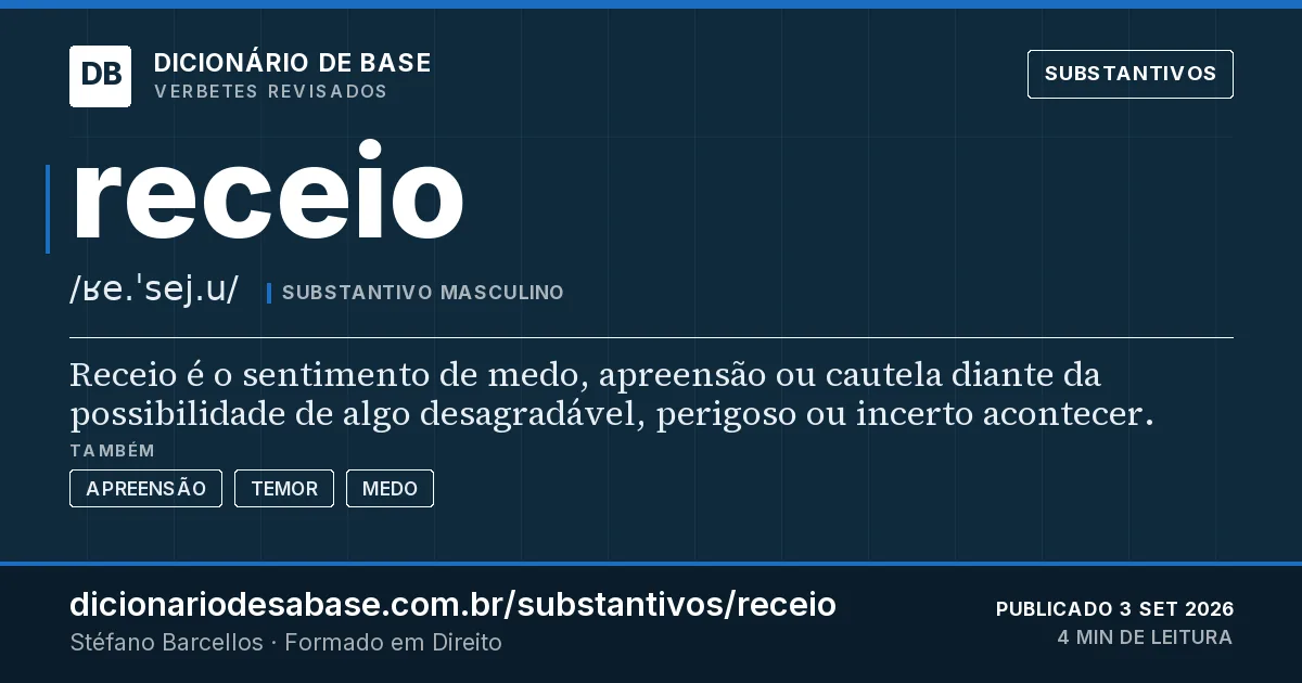 Cartão do verbete receio: Receio é o sentimento de medo, apreensão ou cautela diante da possibilidade de algo desagradável, perigoso ou incerto…