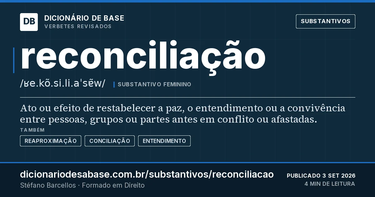 Cartão do verbete reconciliação: Ato ou efeito de restabelecer a paz, o entendimento ou a convivência entre pessoas, grupos ou partes antes em conflito…