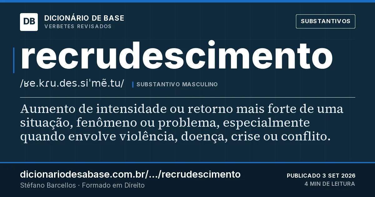 Cartão do verbete recrudescimento: Aumento de intensidade ou retorno mais forte de uma situação, fenômeno ou problema, especialmente quando envolve…