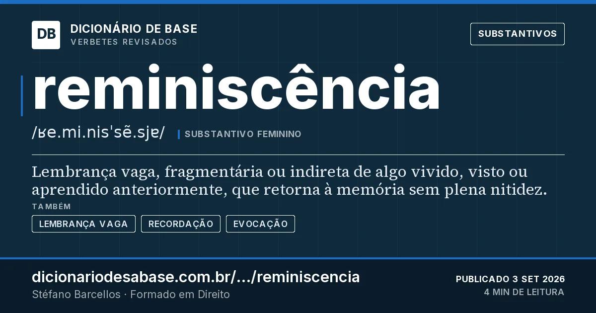 Cartão do verbete reminiscência: Lembrança vaga, fragmentária ou indireta de algo vivido, visto ou aprendido anteriormente, que retorna à memória sem…