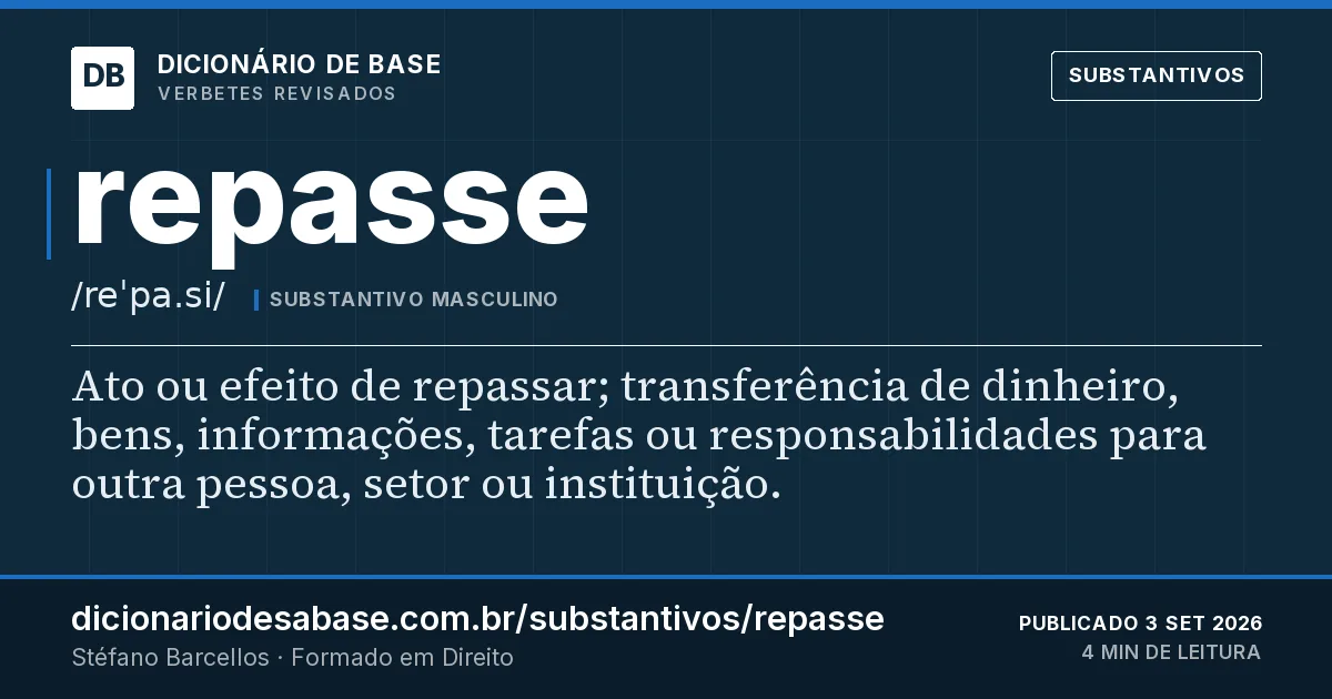 Cartão do verbete repasse: Ato ou efeito de repassar; transferência de dinheiro, bens, informações, tarefas ou responsabilidades para outra…