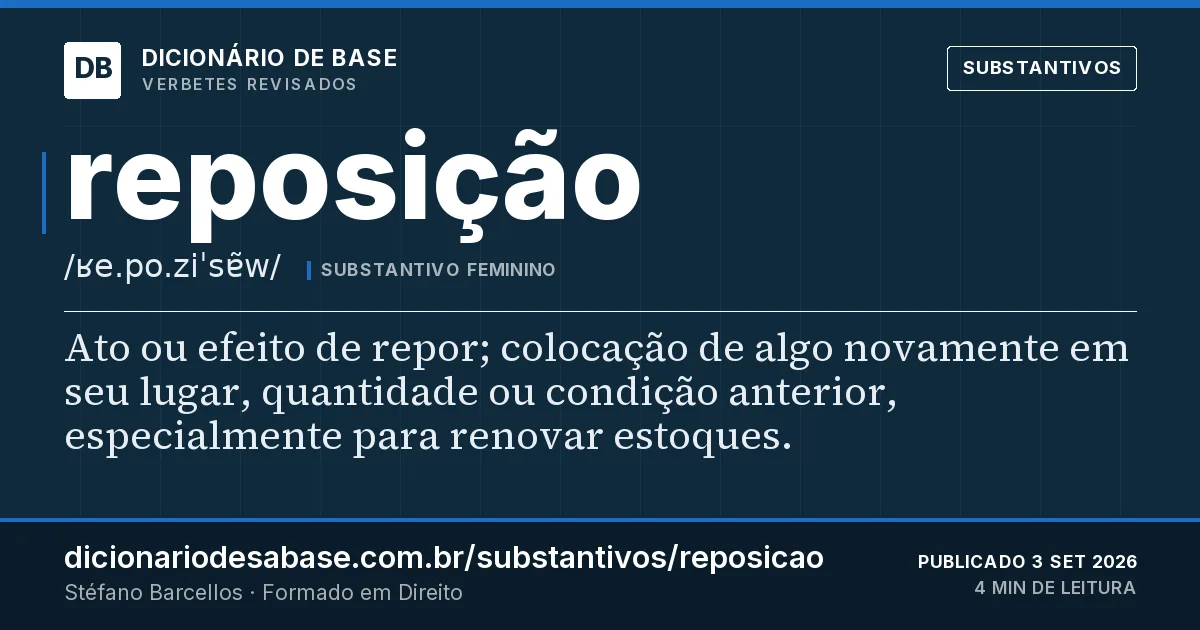 Cartão do verbete reposição: Ato ou efeito de repor; colocação de algo novamente em seu lugar, quantidade ou condição anterior, especialmente para…