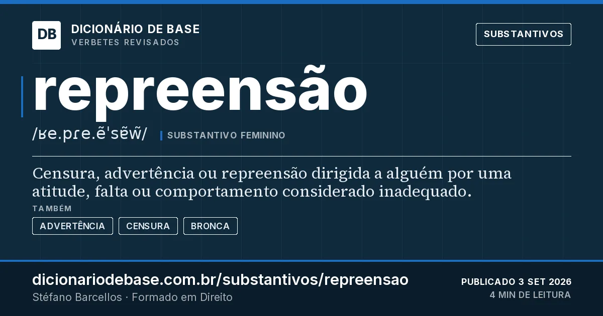 Cartão do verbete repreensão: Censura, advertência ou repreensão dirigida a alguém por uma atitude, falta ou comportamento considerado inadequado.