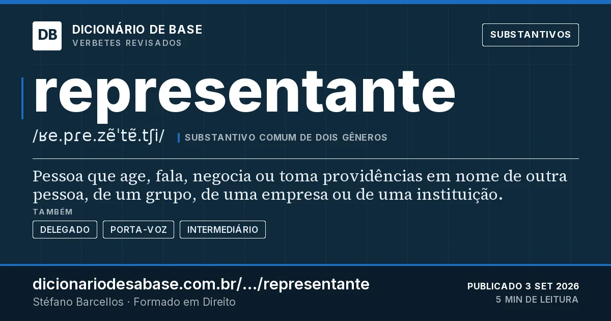 Cartão do verbete representante: Pessoa que age, fala, negocia ou toma providências em nome de outra pessoa, de um grupo, de uma empresa ou de uma…