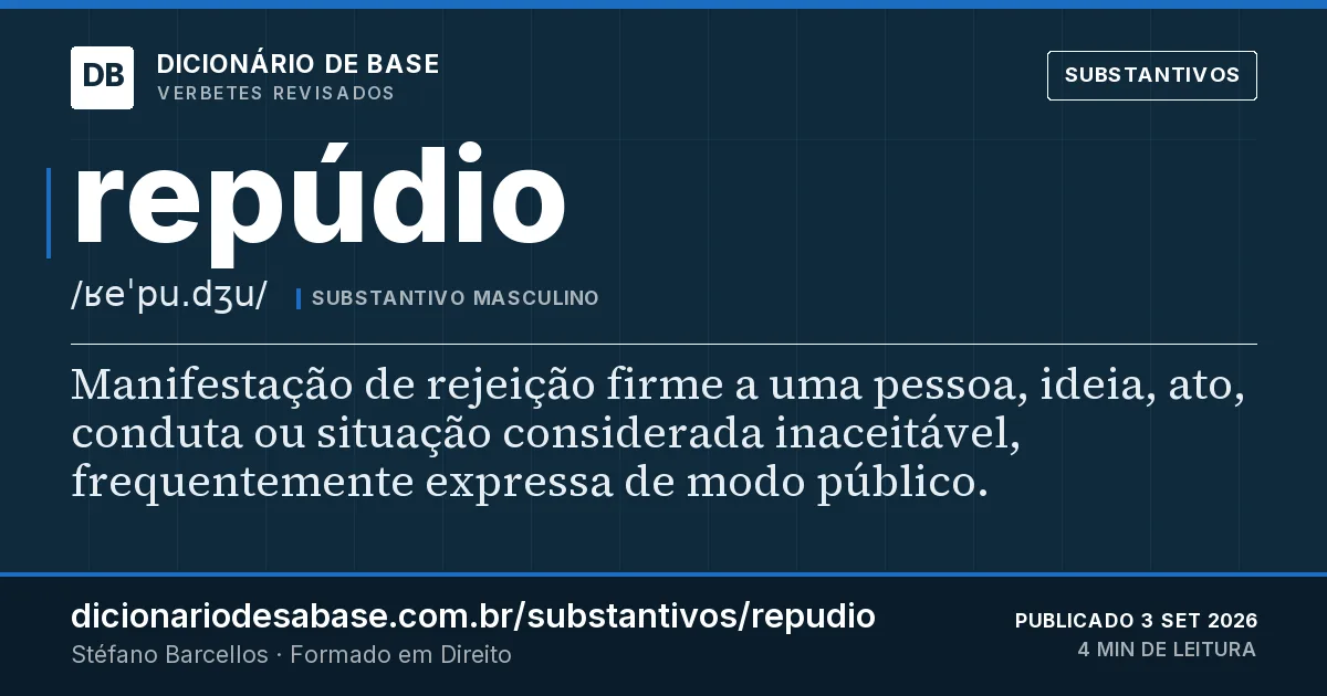 Cartão do verbete repúdio: Manifestação de rejeição firme a uma pessoa, ideia, ato, conduta ou situação considerada inaceitável, frequentemente…