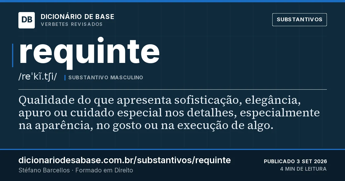Cartão do verbete requinte: Qualidade do que apresenta sofisticação, elegância, apuro ou cuidado especial nos detalhes, especialmente na aparência…