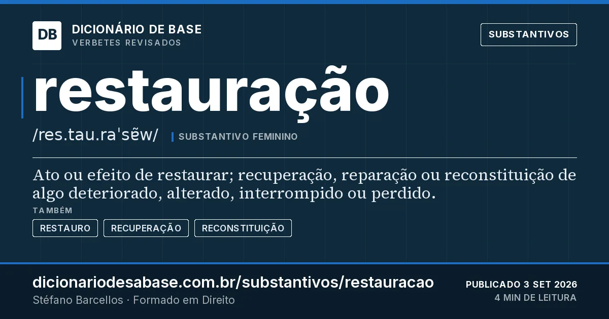 Cartão do verbete restauração: Ato ou efeito de restaurar; recuperação, reparação ou reconstituição de algo deteriorado, alterado, interrompido ou…