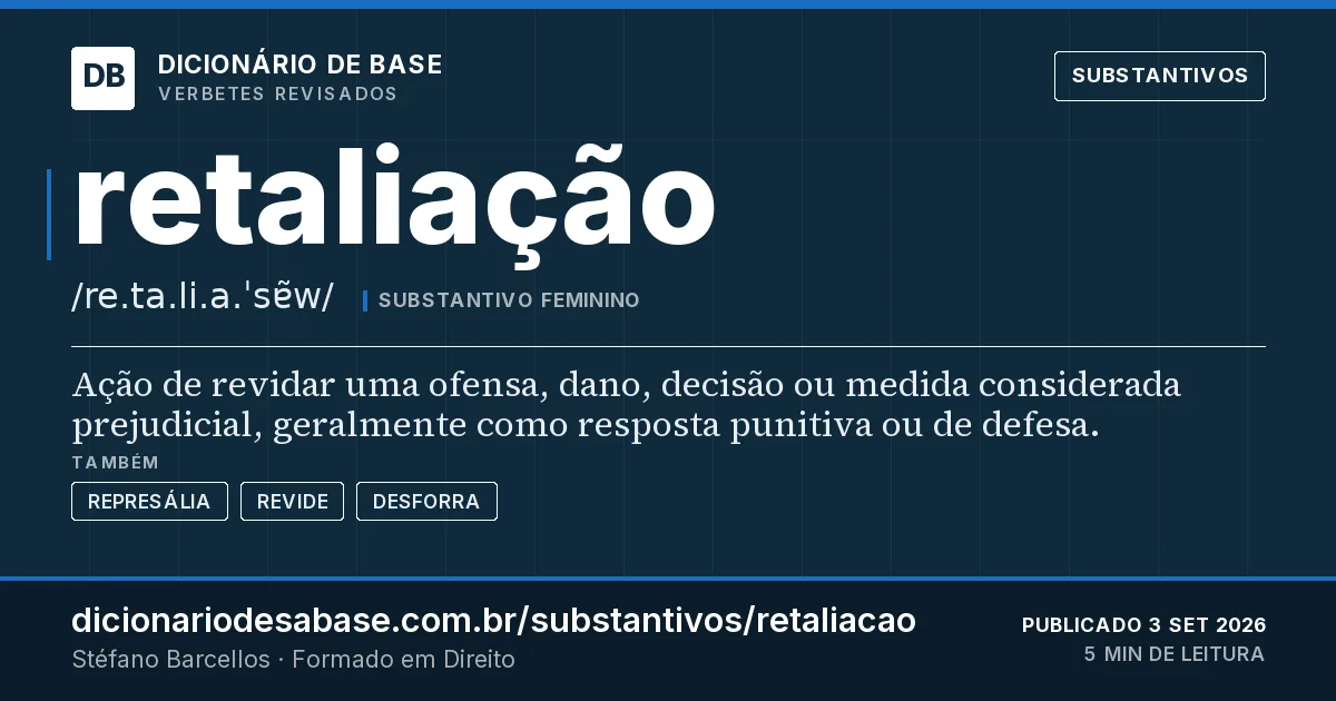 Cartão do verbete retaliação: Ação de revidar uma ofensa, dano, decisão ou medida considerada prejudicial, geralmente como resposta punitiva ou de…