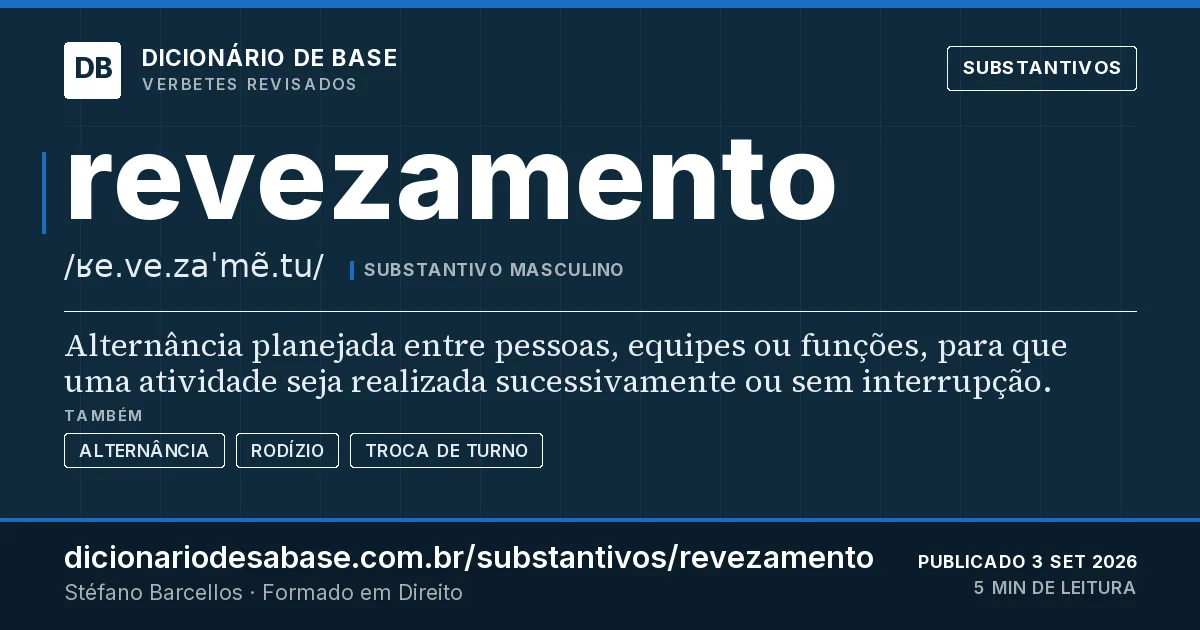 Cartão do verbete revezamento: Alternância planejada entre pessoas, equipes ou funções, para que uma atividade seja realizada sucessivamente ou sem…