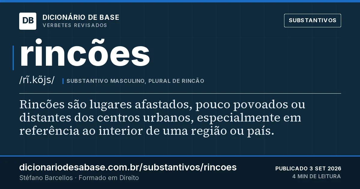 Cartão do verbete rincões: Rincões são lugares afastados, pouco povoados ou distantes dos centros urbanos, especialmente em referência ao interior…
