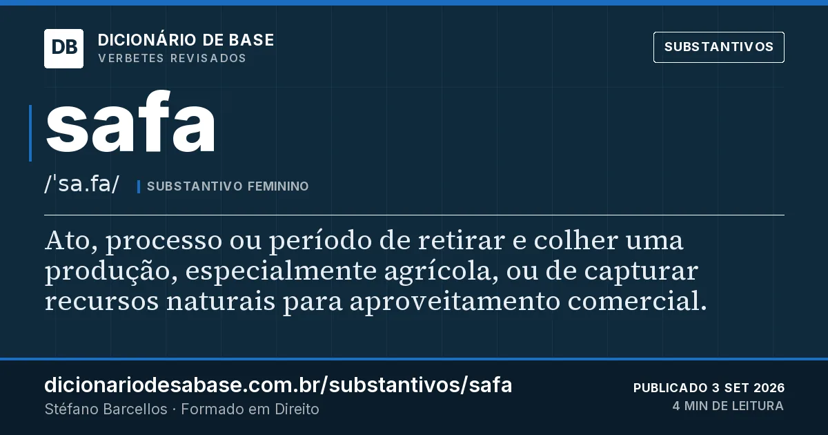 Cartão do verbete safa: Ato, processo ou período de retirar e colher uma produção, especialmente agrícola, ou de capturar recursos naturais…