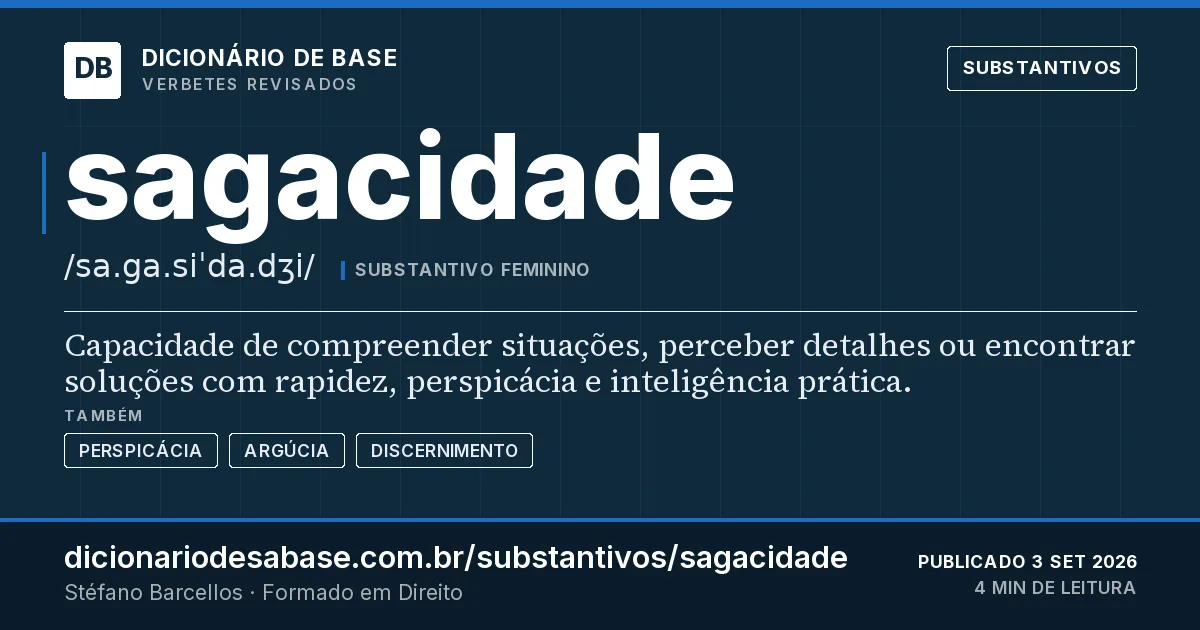 Cartão do verbete sagacidade: Capacidade de compreender situações, perceber detalhes ou encontrar soluções com rapidez, perspicácia e inteligência…